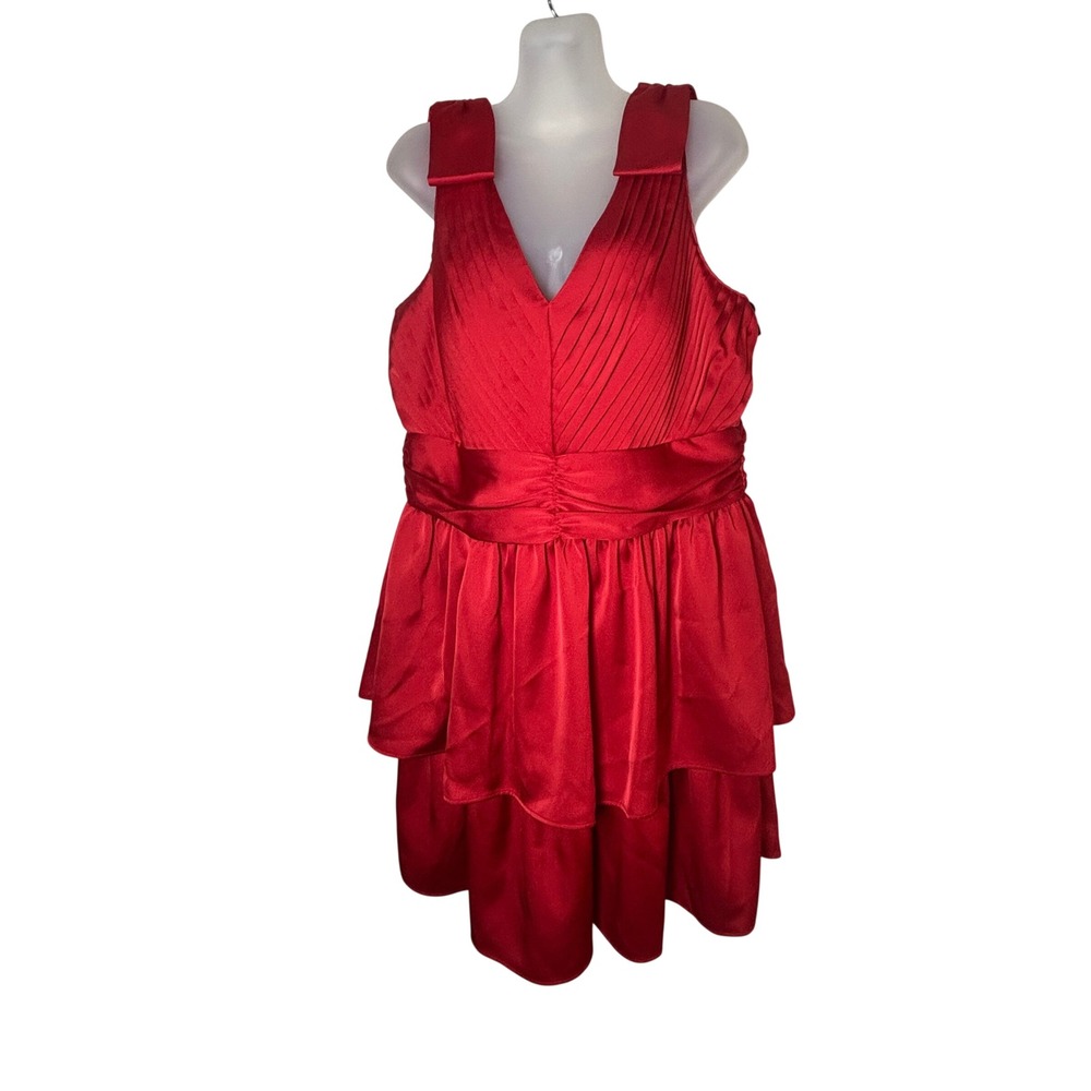 Kensie Red Satin Pleated V-Neck Tiered Fit and Flare Cocktail Dress Womens 16 - Picture 7 of 7
